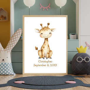 Affiche Nom personnalisé Anniversaire Giraffe Nursery Baby