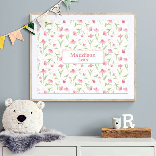 Affiche Nom personnalisé Art Aquarelle Floral Rose Nursery
