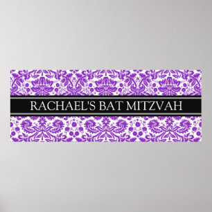Affiche Nom personnalisé bat mitzvah Bannière Purple Damas