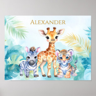 Affiche Nom personnalisé bébé zèbre girafe et tigre de la