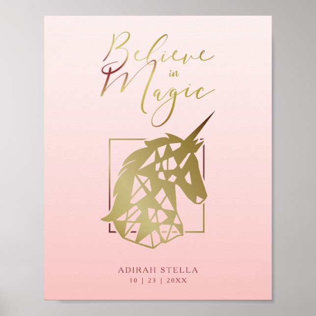 Affiche Nom personnalisé du bébé Date | Unicorne magique | (Devant)