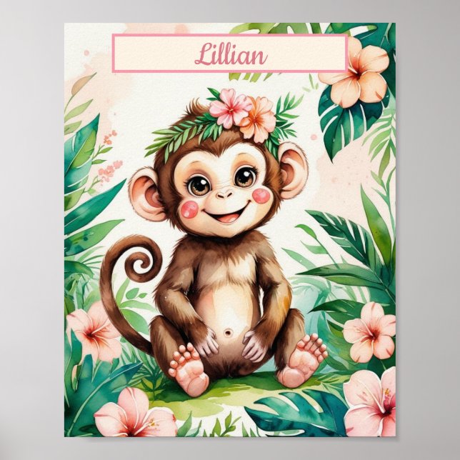 Affiche Nom personnalisé Fille Nursery Baby Monkey (Devant)