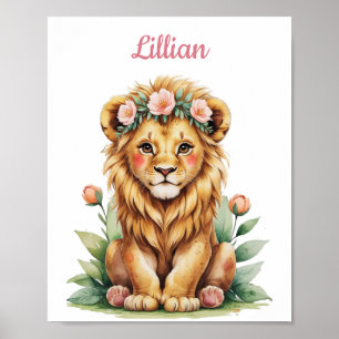Affiche Nom personnalisé Jungle Girl Nursery Baby Lion