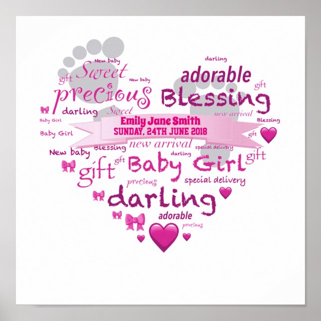Affiche Nom personnalisé Nouveau bébé fille Word Art (Devant)