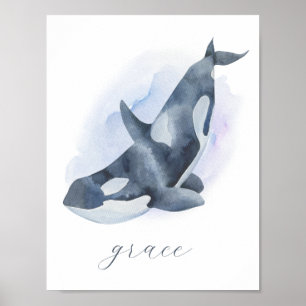 Affiche Nom Texte Baleine Tueuseuse Orque Aquarelle Bleu B