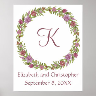 Affiche Noms de date de mariage monogramme floral rose vio