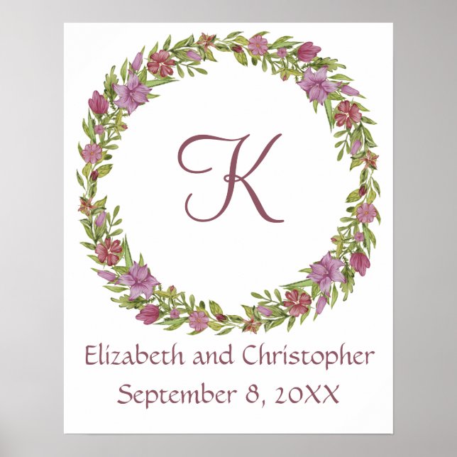 Affiche Noms de date de mariage monogramme floral rose vio (Devant)