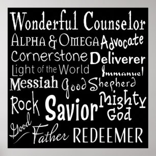 Affiche Noms de Dieu de la Bible en noir et blanc