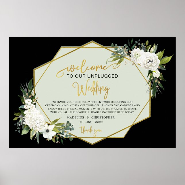 Affiche Noms de Mariage en or noir floral blanc débranchés (Devant)