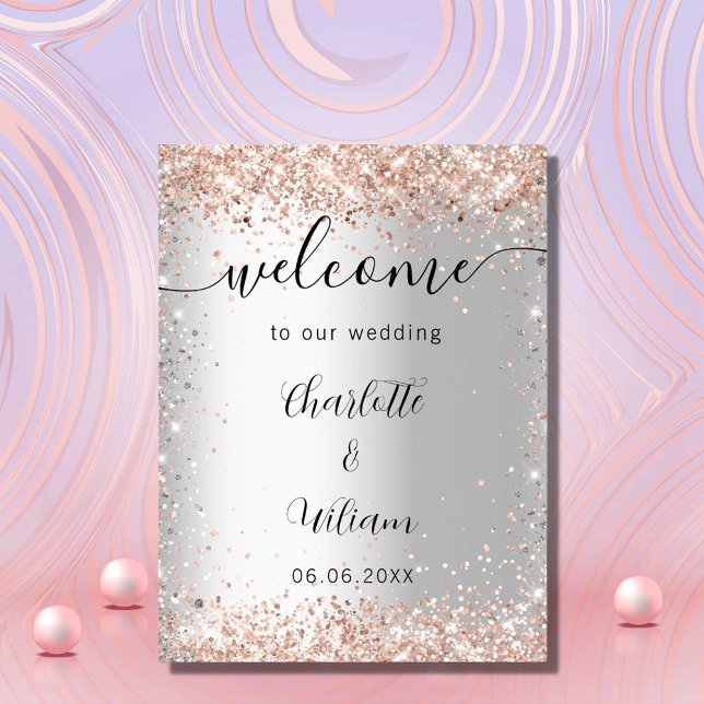 Affiche Noms de mariage rose gold argent script de bienven (Créateur téléchargé)