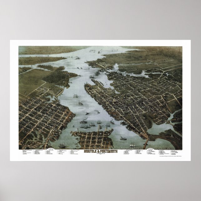 Affiche Norfolk and Portsmouth, VA Panoramic Map - 1873 (Devant)