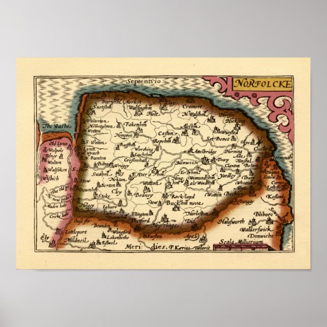 Affiche Norfolk "Norfolcke" Comté Angleterre Ancien Atlas  (Devant)