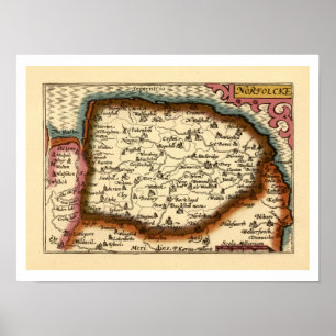 Affiche Norfolk "Norfolcke" Comté Angleterre Ancien Atlas 
