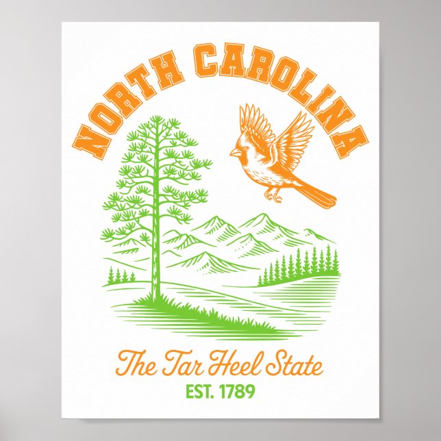 Affiche North Carolina Tar Heel State Cardinal Pine Tree  (Devant)