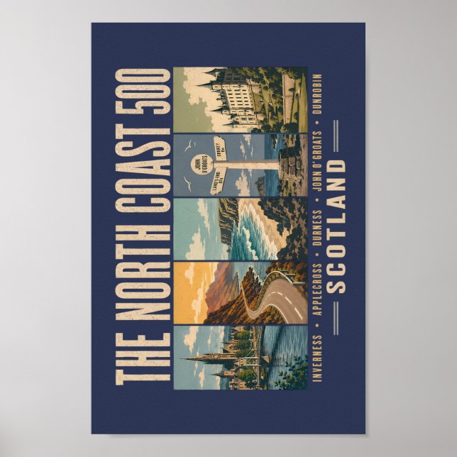 Affiche North Coast 500 Scotland Landmarks Illustration (Devant)