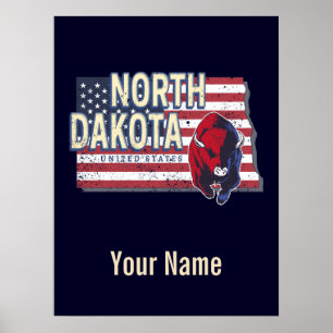Affiche North Dakota State États-Unis Retro Map Vintage