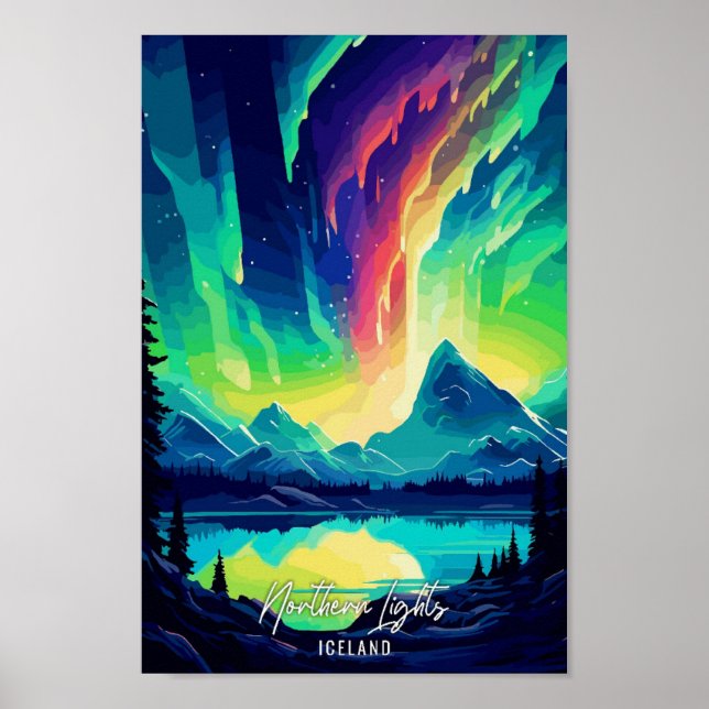Affiche Northern Lights Iceland Art Travel Illustration (Devant)