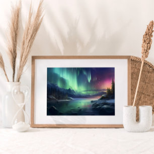 Affiche Northern Lights Seascape Mountains Aquarelle