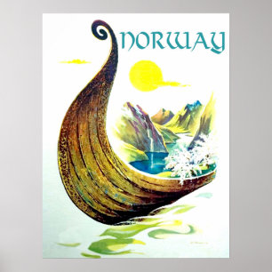Affiche Norvège, bateau viking dans les fjords, voyage vin