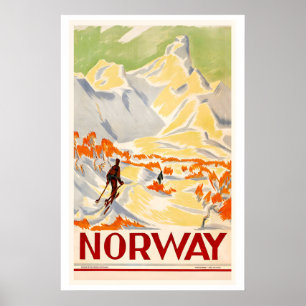 Affiche Norvège Hiver Neige Skieur Montagne Vintage Ski