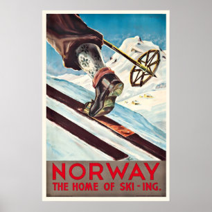 Affiche Norvège La Maison Du Ski Sport D'hiver Ski Vintage