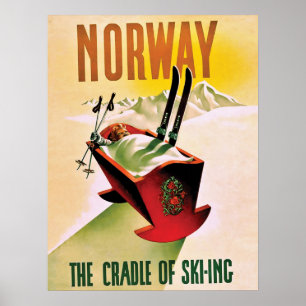 Affiche Norvège, le berceau du ski, voyage vintage
