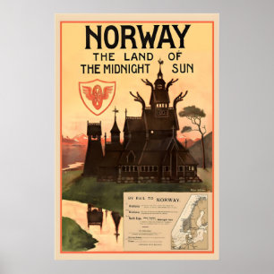Affiche Norvège le pays du soleil de minuit Voyage Vintage