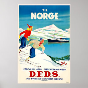Affiche Norvège Oslo Sport d'hiver Ski Voyage Vintage