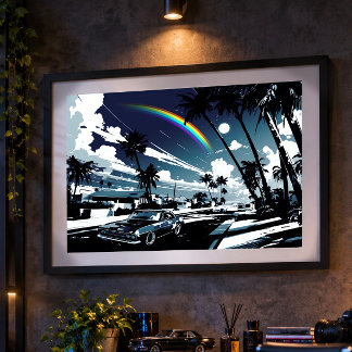 Affiche Nostalgic Blue American Car Palms Man Cave Art