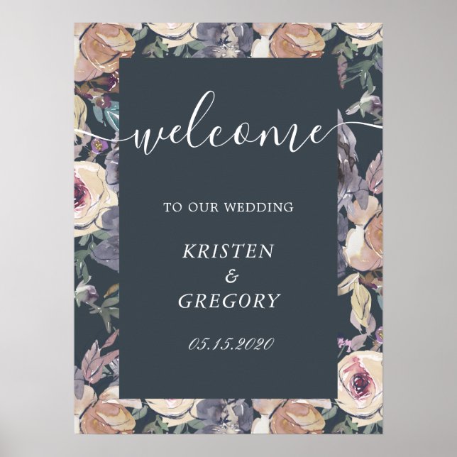 Affiche nostalgique indigo blush floral Mariage Bienvenue (Devant)