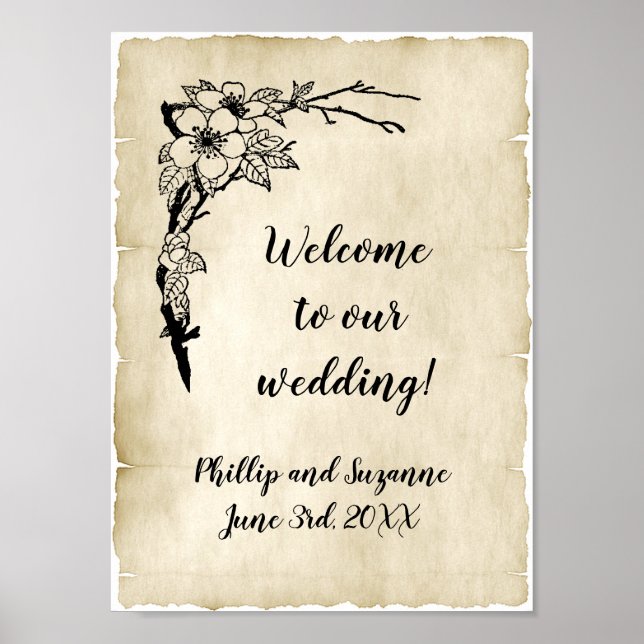 Affiche Nostalgique Vintage Floral Mariage Bienvenue (Devant)