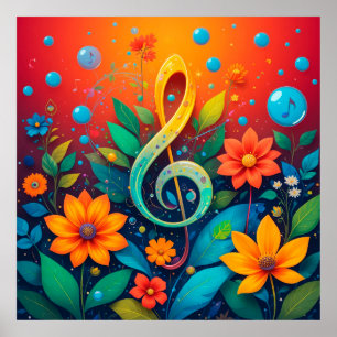 Affiche Note Musicale Artistique Entourée De Fleurs Coloré