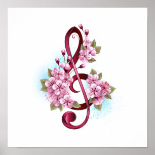 Affiche notes de clé de sol musicales avec fleurs de Sakur