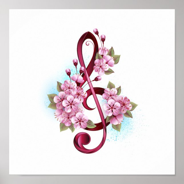 Affiche notes de clé de sol musicales avec fleurs de Sakur (Devant)