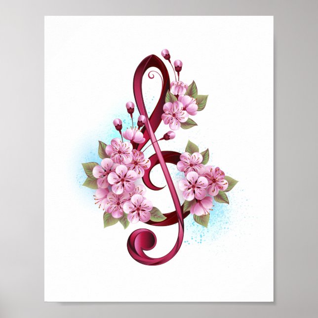 Affiche Notes de clé de sol musicales avec fleurs de Sakur (Devant)