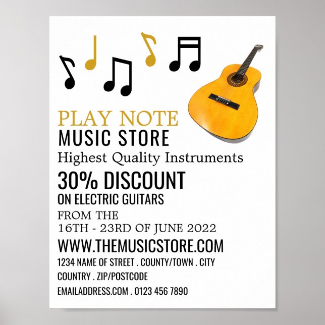 Affiche Notes de guitare, boutique d'instruments de musiqu (Devant)