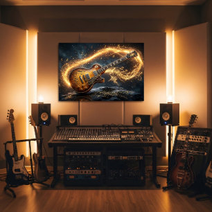 Affiche Notes de musique de fantaisie de guitare dorée mag