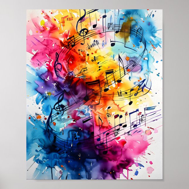 Affiche Notes musicales Aquarelle peinture art graphique D (Devant)