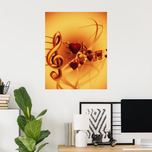 Affiche Notes musicales Coeurs Clef Treble Gold & Red (Bureau à domicile)