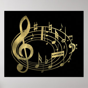 Affiche Notes musicales d'or en forme ovale
