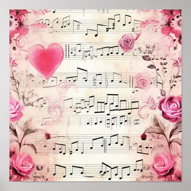 Affiche Notes musicales et design Vintage Rose (Devant)
