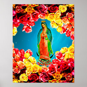 Affiche Notre-Dame de Guadalupe Entourée de couleurs Roses