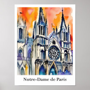 Affiche Notre-Dame de Paris France Aquarelle Voyage