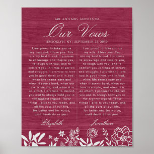 Affiche Notre Mariage Vows Burgundy Floral Wood Anniversai