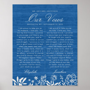 Affiche Notre Mariage Vows Marine Blue Floral Wood Anniver