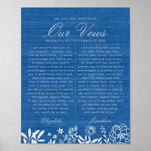 Affiche Notre Mariage Vows Marine Blue Floral Wood Anniver (Devant)