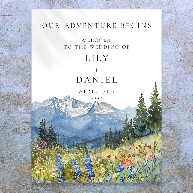 Affiche Notre panneau de bienvenue de mariage floral de mo (Our Adventure Mountain Floral Wedding Welcome Sign)