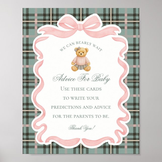 Affiche Nounours à ruban coquette rose Conseils pour bébé (Devant)