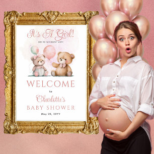 Affiche Nounours C'est un Baby shower d'attente pour fille