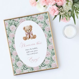Affiche Nounours en peluche, noeud rose, fleurs roses, bar